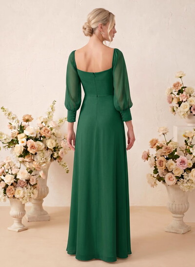Long Sleeves Square Neckline Chiffon Bridesmaid Dresses With A-Line