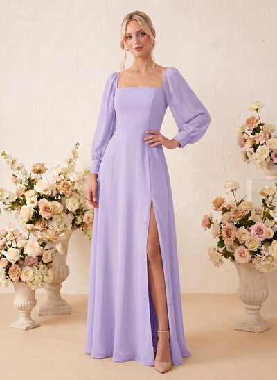Long Sleeves Square Neckline Chiffon Bridesmaid Dresses With A-Line