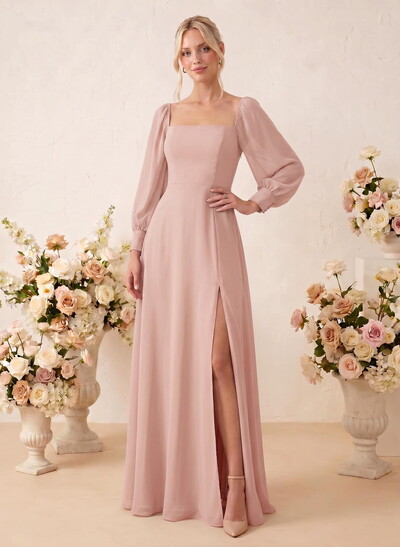 Long Sleeves Square Neckline Chiffon Bridesmaid Dresses With A-Line