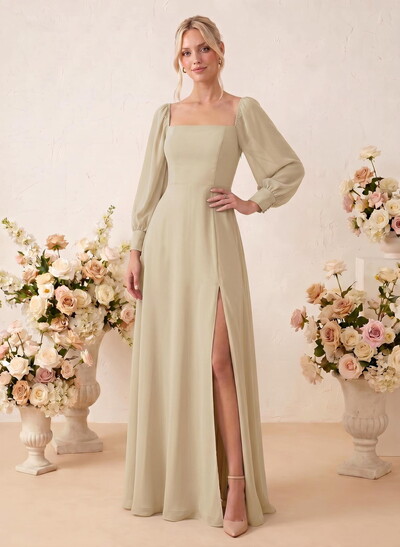 Long Sleeves Square Neckline Chiffon Bridesmaid Dresses With A-Line