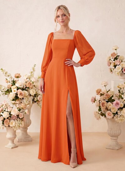 Long Sleeves Square Neckline Chiffon Bridesmaid Dresses With A-Line