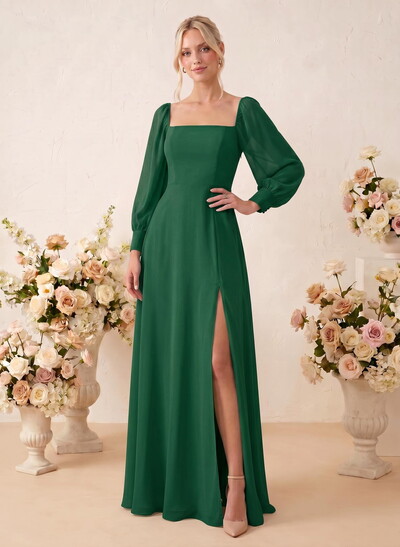 Long Sleeves Square Neckline Chiffon Bridesmaid Dresses With A-Line