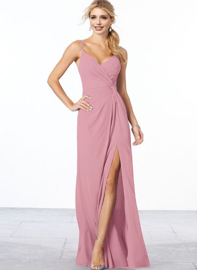 A-Line V-Neck Floor-Length Chiffon Bridesmaid Dress With Ruffle