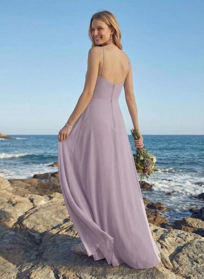 A-Line V-Neck Floor-Length Chiffon Bridesmaid Dress With Ruffle