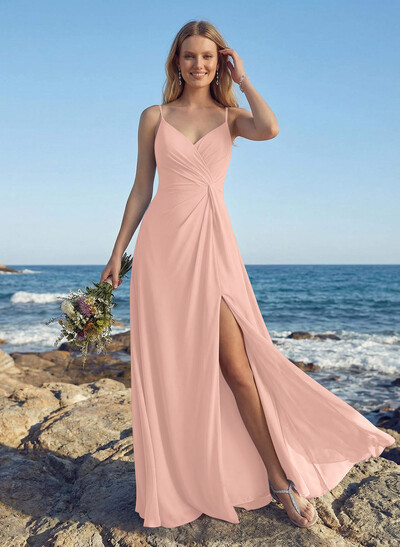 A-Line V-Neck Floor-Length Chiffon Bridesmaid Dress With Ruffle