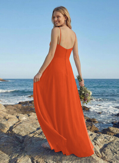 A-Line V-Neck Floor-Length Chiffon Bridesmaid Dress With Ruffle