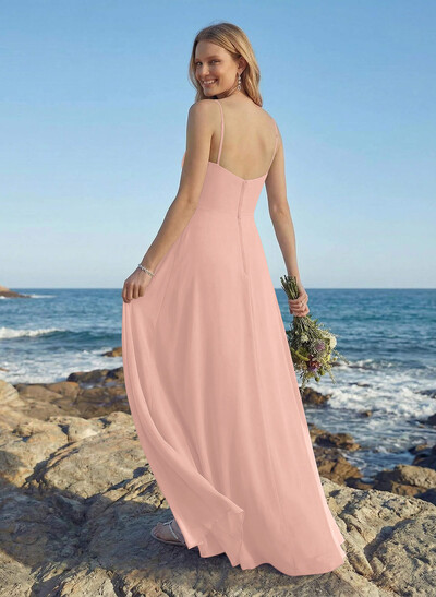 A-Line V-Neck Floor-Length Chiffon Bridesmaid Dress With Ruffle