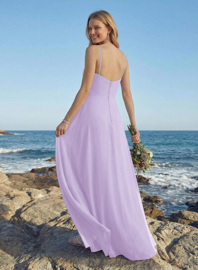 A-Line V-Neck Floor-Length Chiffon Bridesmaid Dress With Ruffle