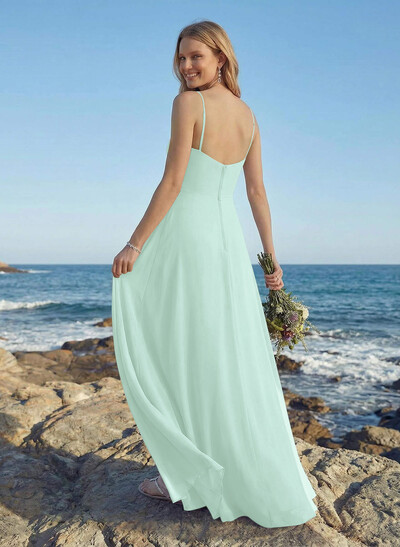 A-Line V-Neck Floor-Length Chiffon Bridesmaid Dress With Ruffle
