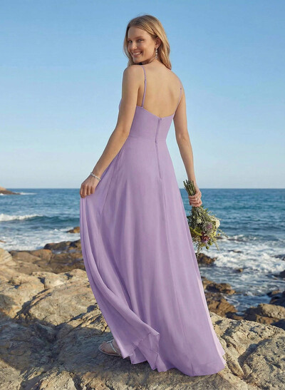A-Line V-Neck Floor-Length Chiffon Bridesmaid Dress With Ruffle