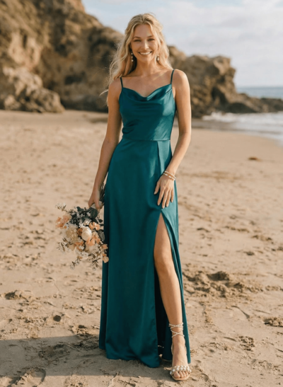 Cowl Neck Silk Like Satin Bridesmaid Dresses With A-Line