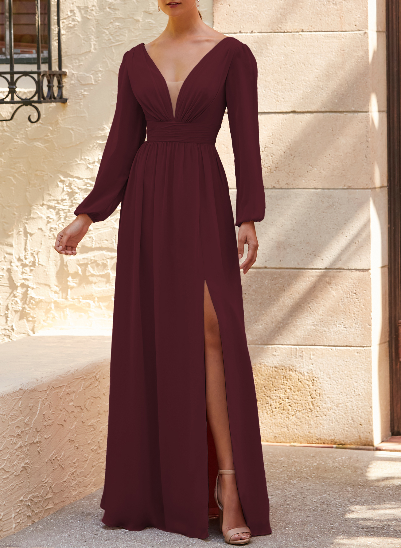 Long Sleeves A-Line Bridesmaid Dresses With Split Front