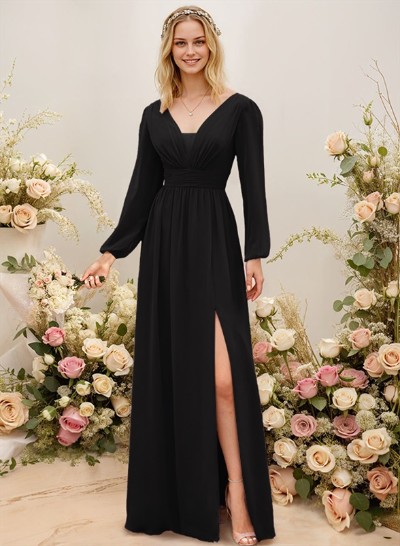 Long Sleeves A-Line Bridesmaid Dresses With Split Front