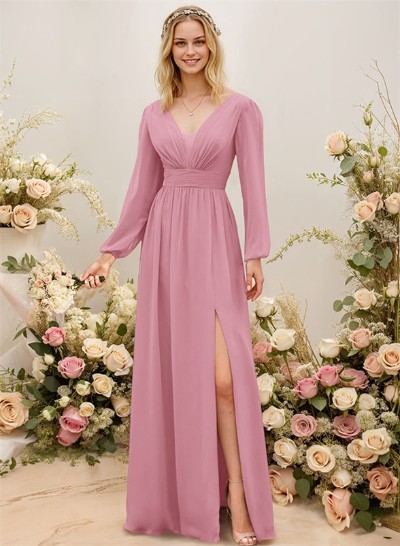 Long Sleeves A-Line Bridesmaid Dresses With Split Front