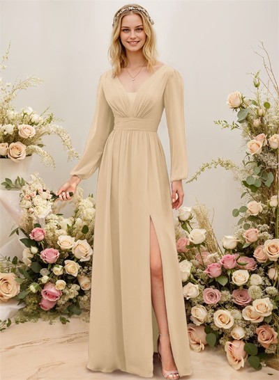 Long Sleeves A-Line Bridesmaid Dresses With Split Front