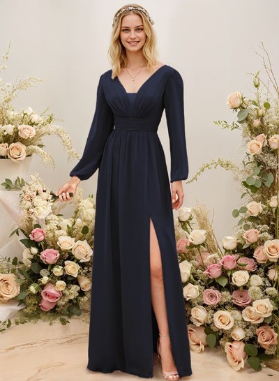 Long Sleeves A-Line Bridesmaid Dresses With Split Front