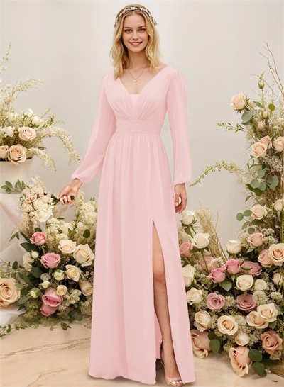 Long Sleeves A-Line Bridesmaid Dresses With Split Front