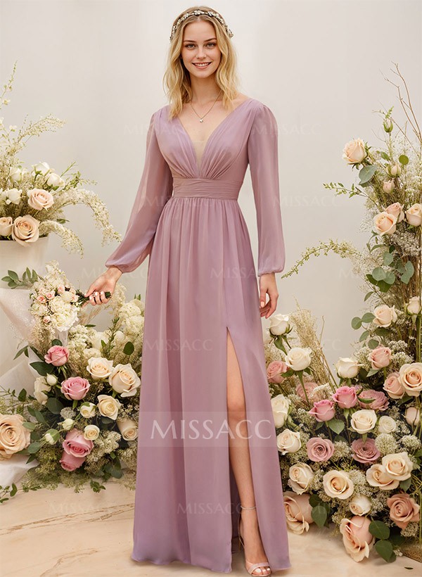 Long Sleeves A-Line Bridesmaid Dresses With Split Front