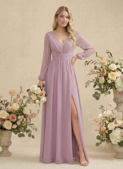 Long Sleeves A-Line Bridesmaid Dresses With Split Front
