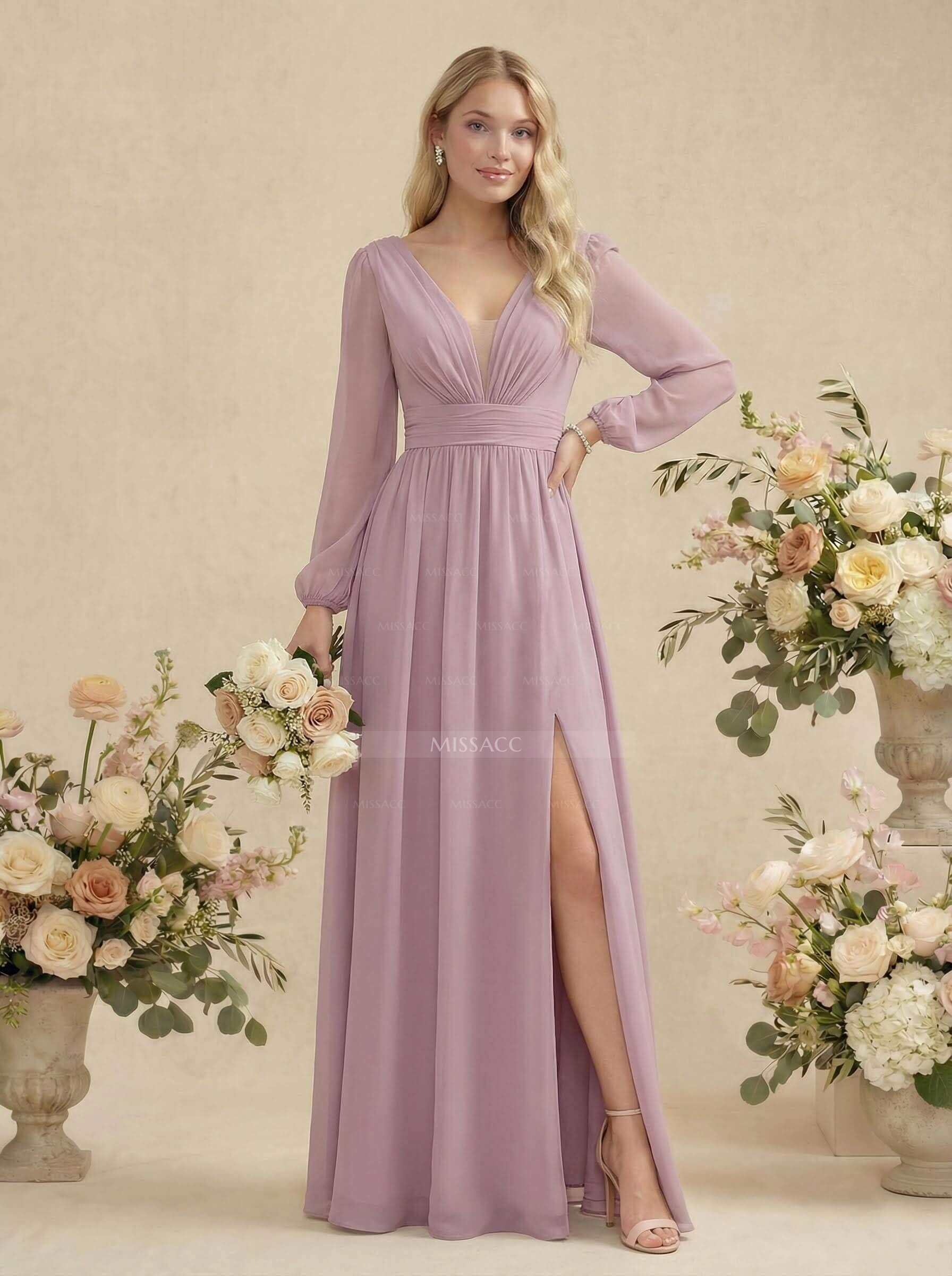 Long Sleeves A-Line Bridesmaid Dresses With Split Front