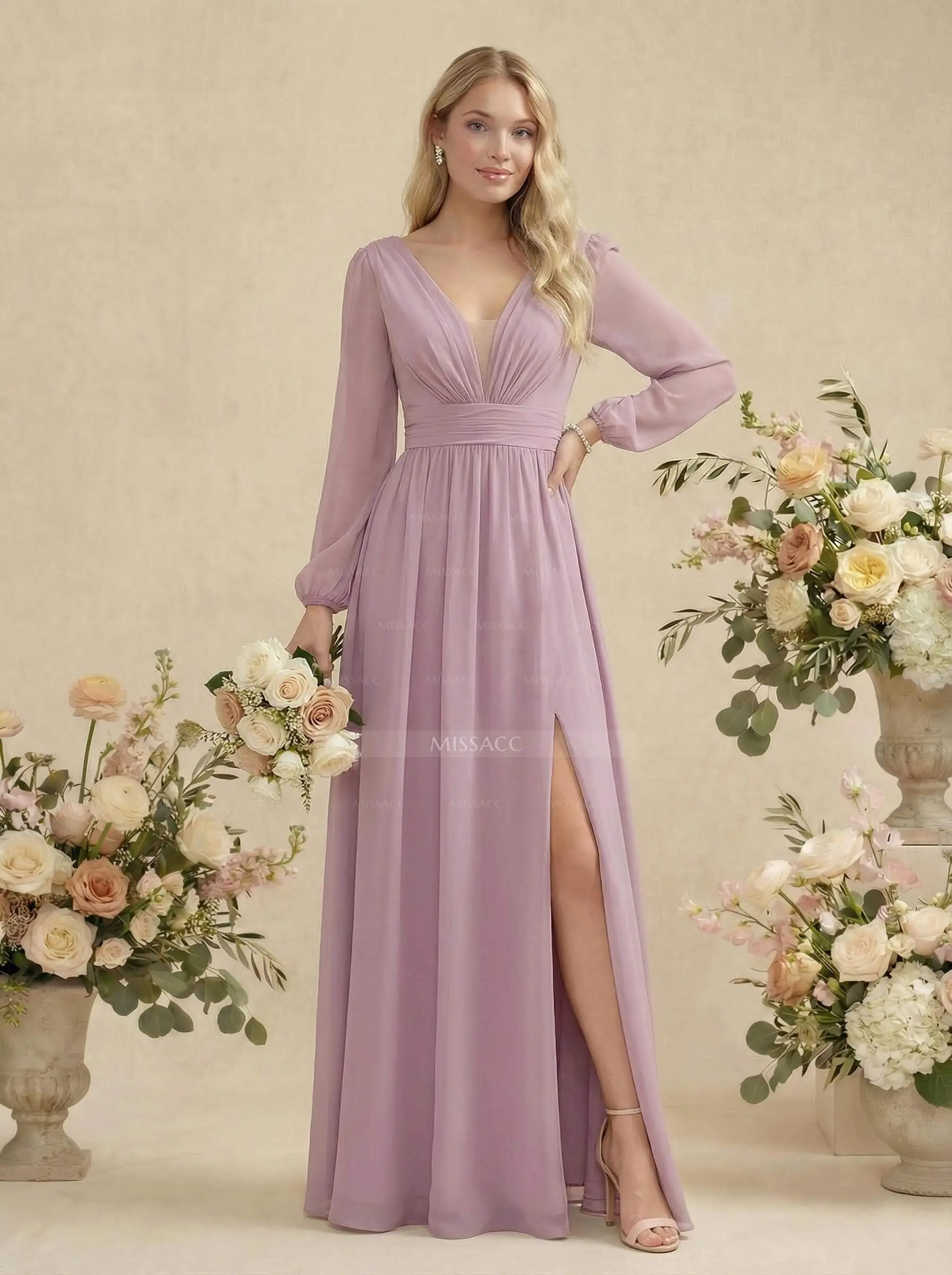 Long Sleeves A-Line Bridesmaid Dresses With Split Front #SBD10292  $90