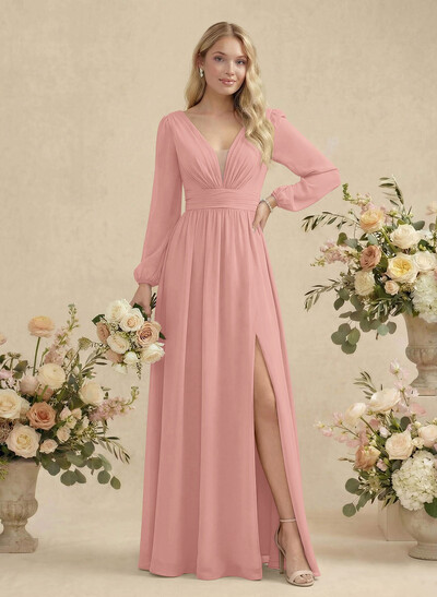 Long Sleeves A-Line Bridesmaid Dresses With Split Front