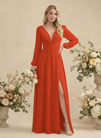 Long Sleeves A-Line Bridesmaid Dresses With Split Front