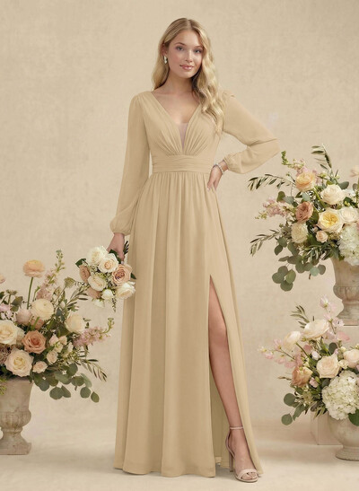 Long Sleeves A-Line Bridesmaid Dresses With Split Front
