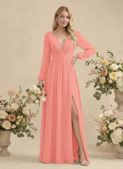 Long Sleeves A-Line Bridesmaid Dresses With Split Front