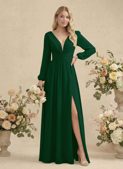 Long Sleeves A-Line Bridesmaid Dresses With Split Front