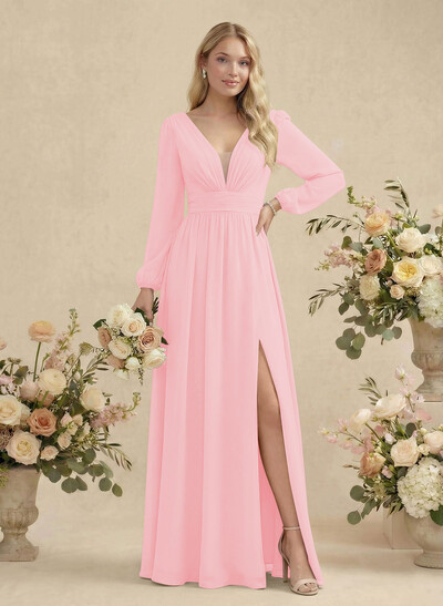 Long Sleeves A-Line Bridesmaid Dresses With Split Front