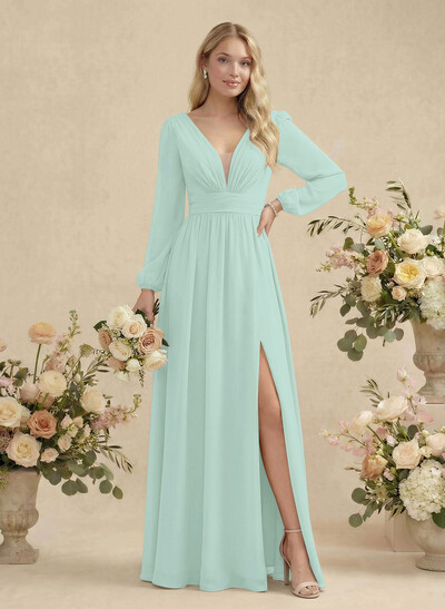 Long Sleeves A-Line Bridesmaid Dresses With Split Front