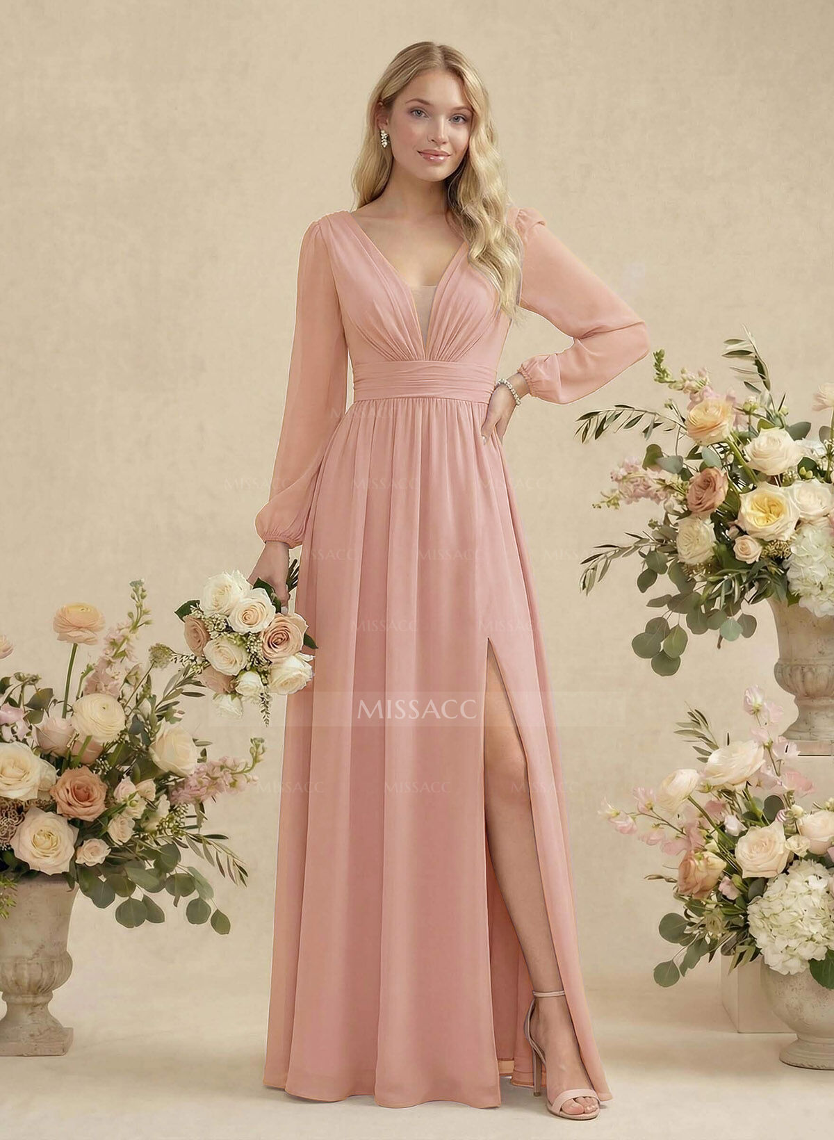 Long Sleeves A-Line Bridesmaid Dresses With Split Front