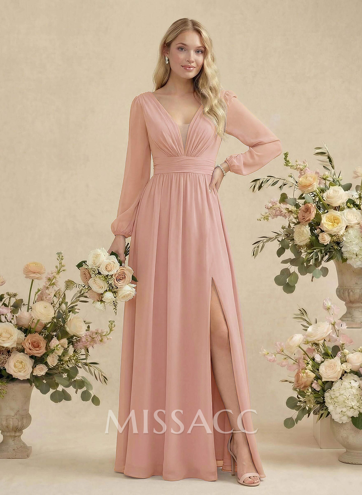 Long Sleeves A-Line Bridesmaid Dresses With Split Front Long Sleeves A-Line Bridesmaid Dresses With Split Front