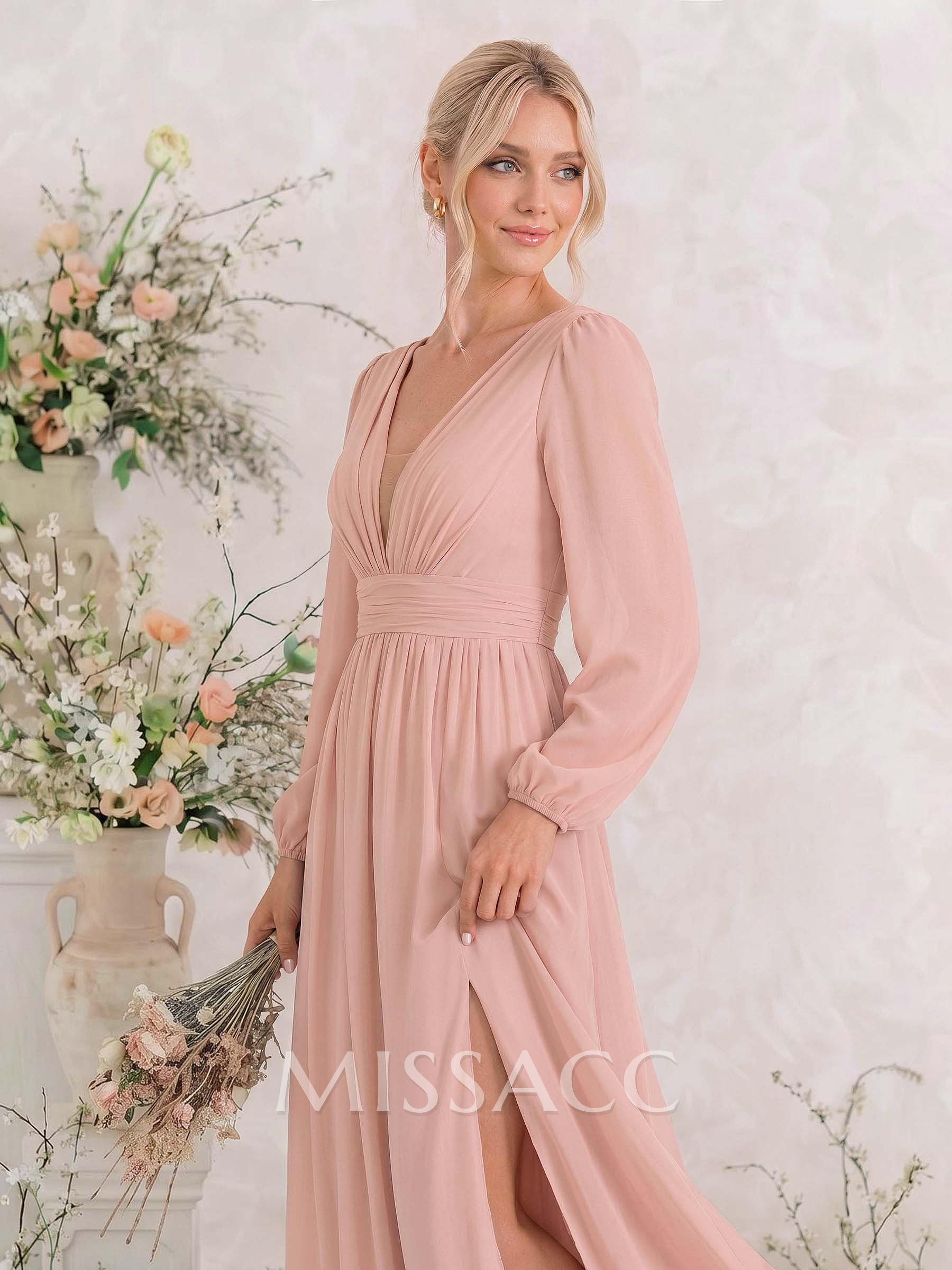 Long Sleeves A-Line Bridesmaid Dresses With Split Front Long Sleeves A-Line Bridesmaid Dresses With Split Front