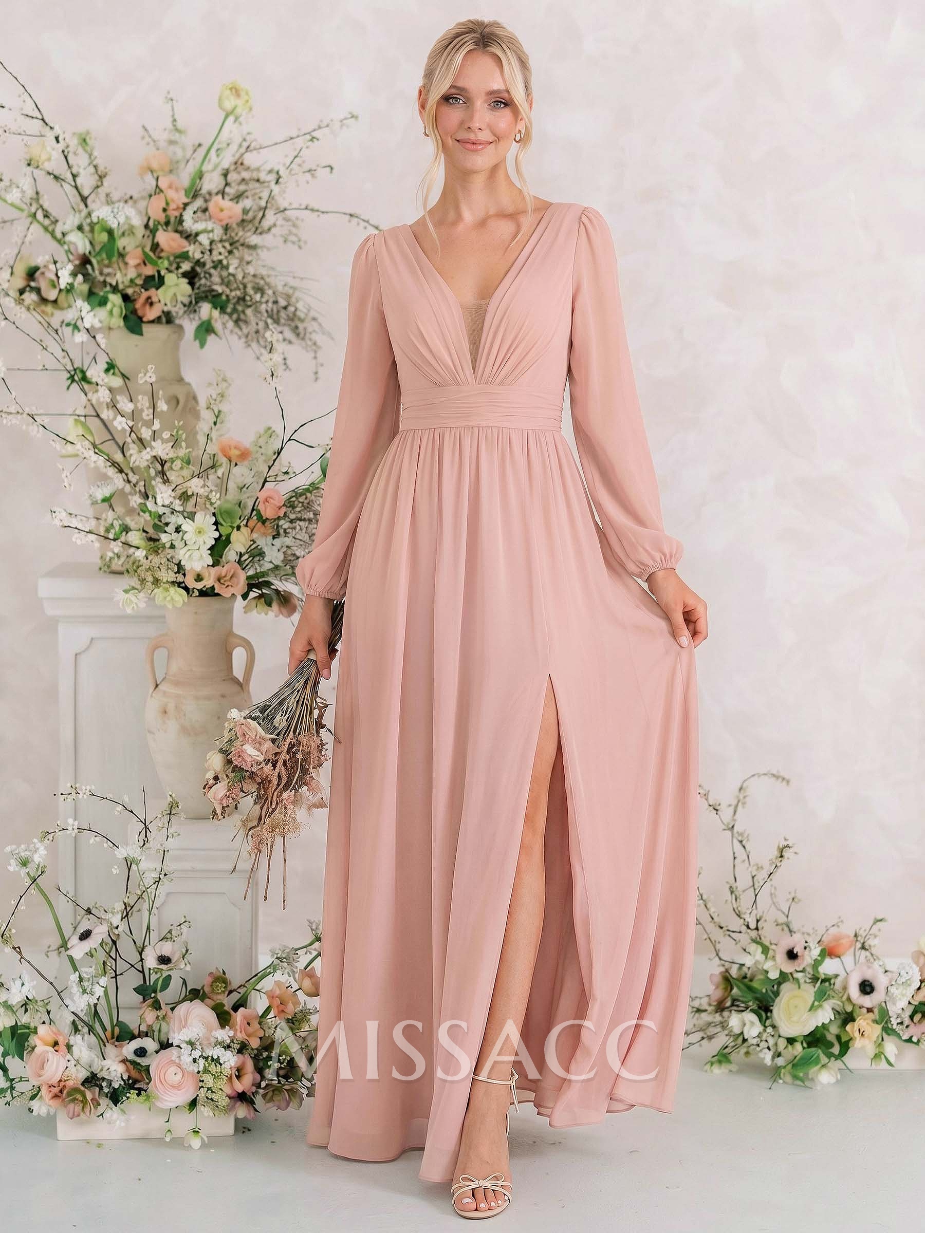 Long Sleeves A-Line Bridesmaid Dresses With Split Front Long Sleeves A-Line Bridesmaid Dresses With Split Front