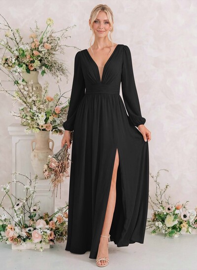 Long Sleeves A-Line Bridesmaid Dresses With Split Front