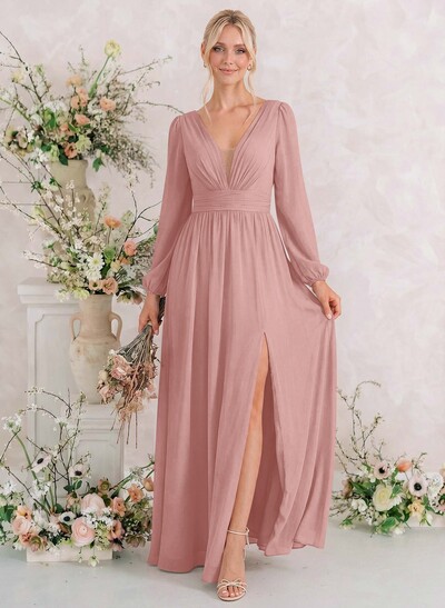 Long Sleeves A-Line Bridesmaid Dresses With Split Front