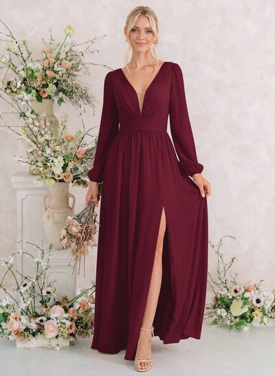 Long Sleeves A-Line Bridesmaid Dresses With Split Front