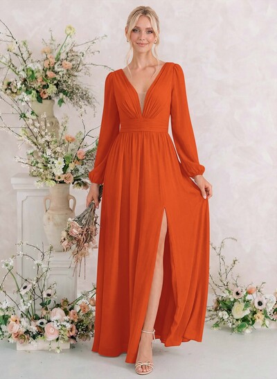 Long Sleeves A-Line Bridesmaid Dresses With Split Front