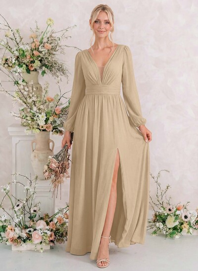 Long Sleeves A-Line Bridesmaid Dresses With Split Front
