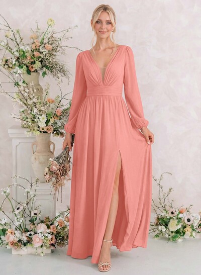 Long Sleeves A-Line Bridesmaid Dresses With Split Front