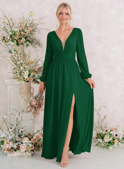Long Sleeves A-Line Bridesmaid Dresses With Split Front