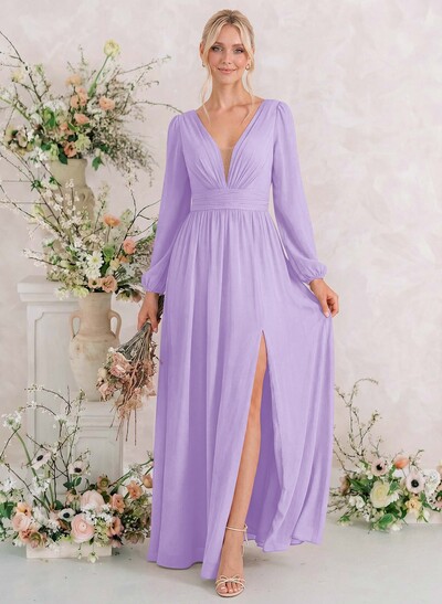 Long Sleeves A-Line Bridesmaid Dresses With Split Front