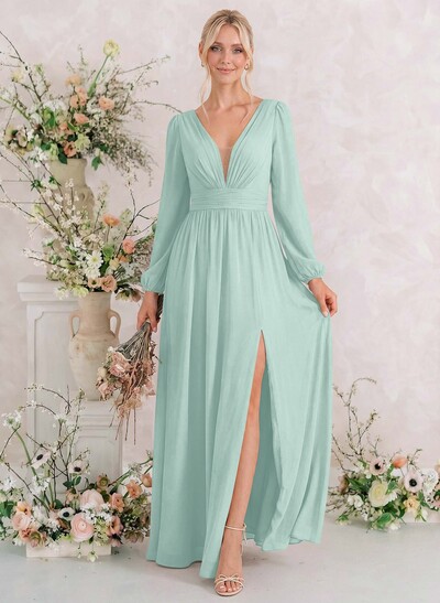 Long Sleeves A-Line Bridesmaid Dresses With Split Front