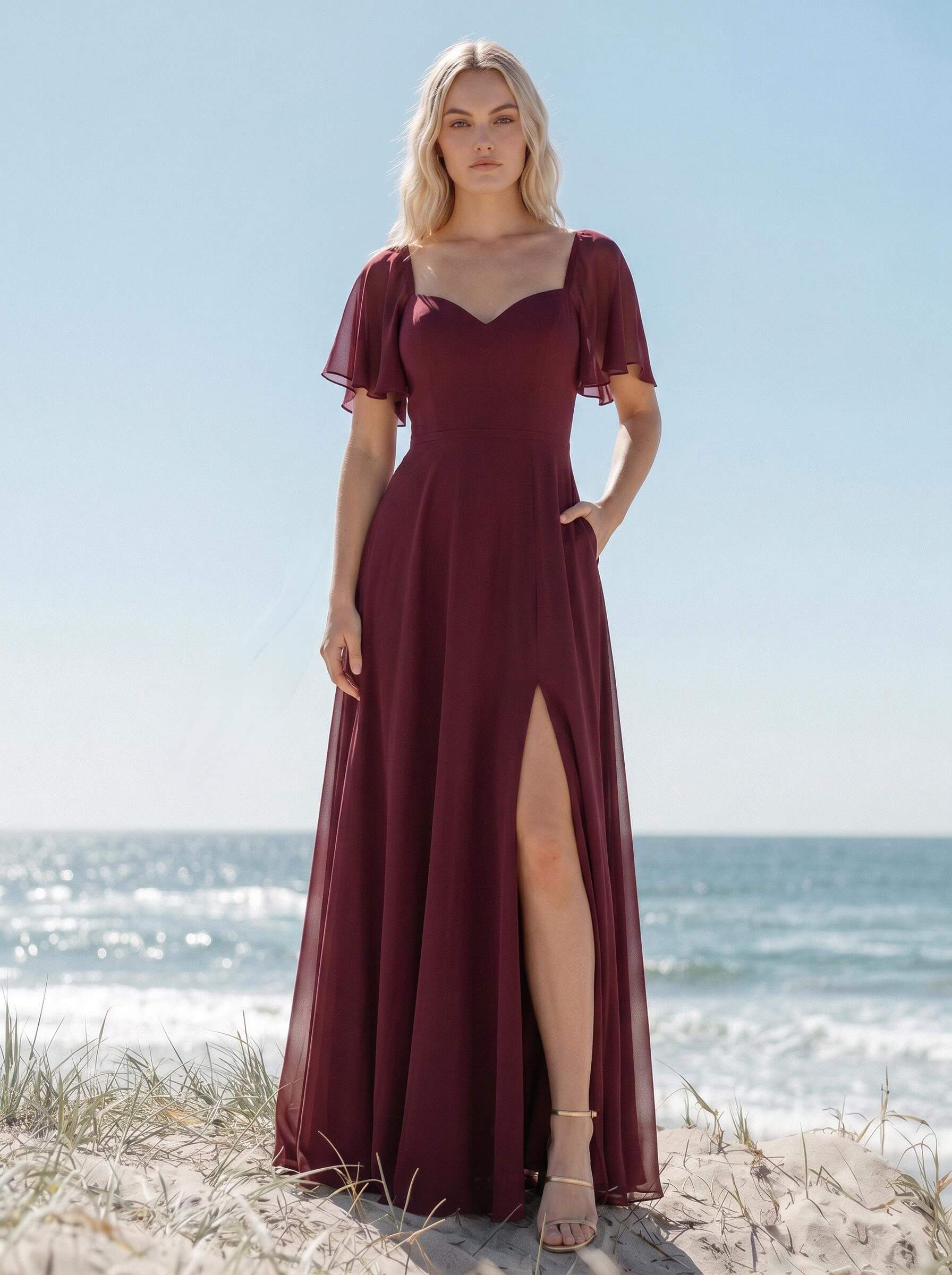 Sweetheart Short Sleeves Bridesmaid Dresses With Open Back