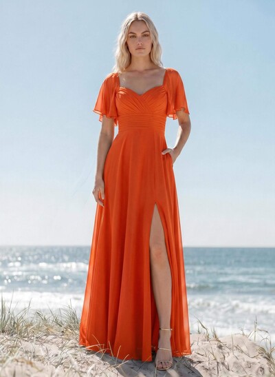 Sweetheart Short Sleeves Bridesmaid Dresses With Open Back