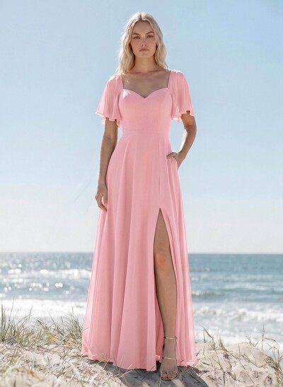Sweetheart Short Sleeves Bridesmaid Dresses With Open Back