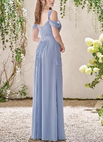 Blue Cold Neckline A-Line Bridesmaid Dresses With Ruffle