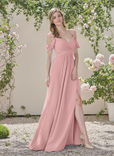 Blue Cold Neckline A-Line Bridesmaid Dresses With Ruffle